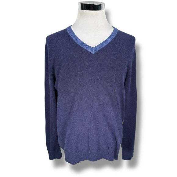 Neiman Marcus Sweater Mens Large 100% Cashmere Blue Gray Green V-Neck Colorblock - Picture 1 of 8